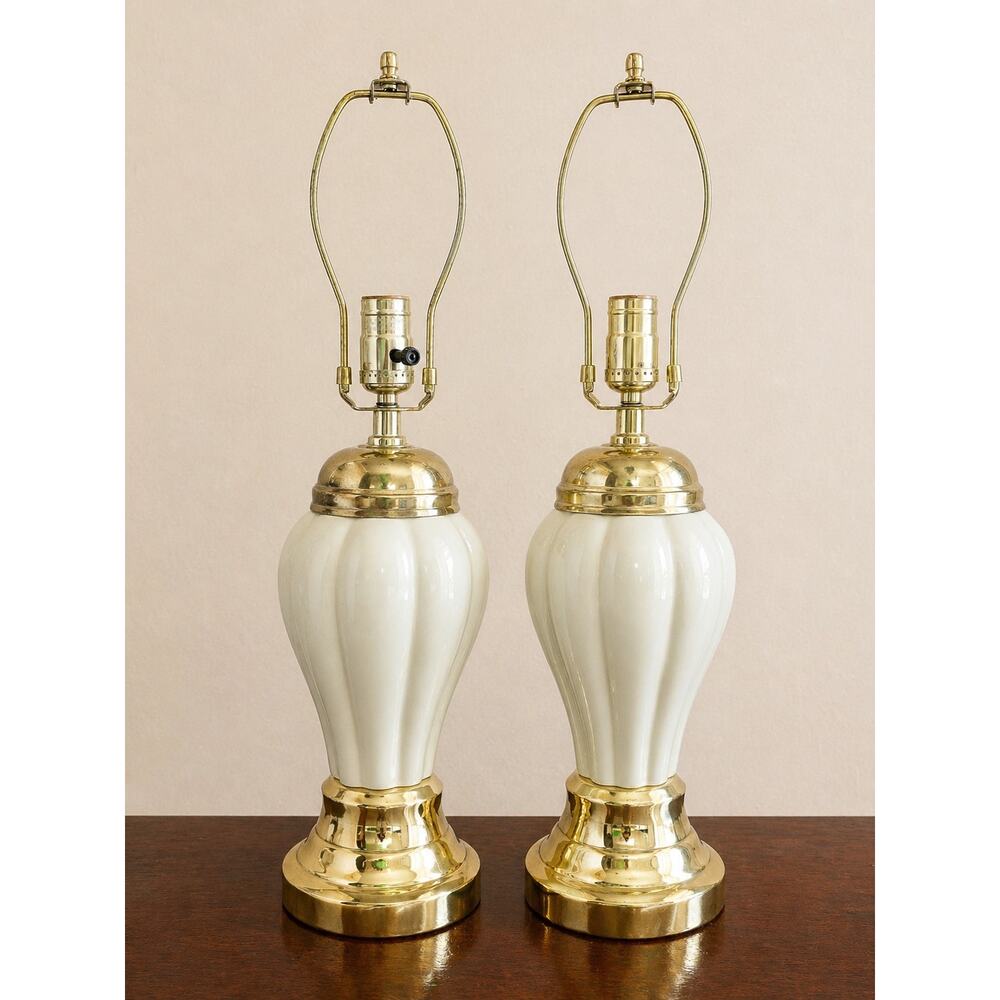 vintage-inspired Hollywood Regency table lamps feature a ribbed eggshel ceramic
